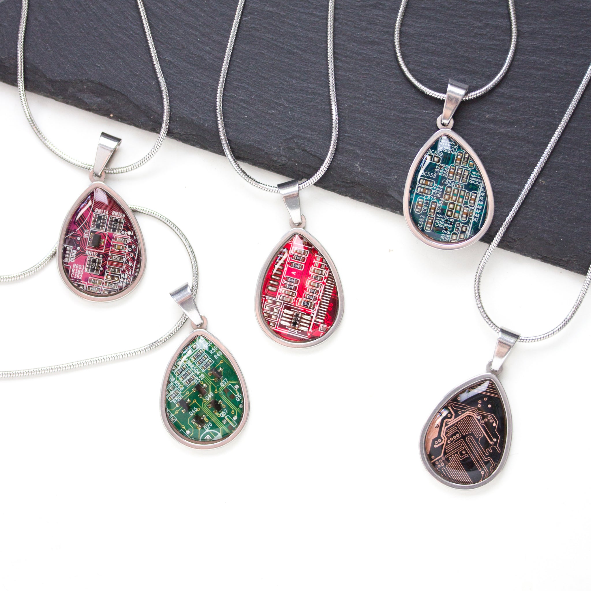 Circuit board necklace, drop shape